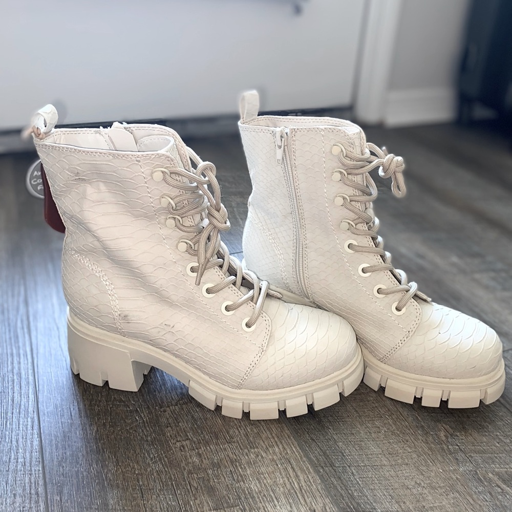 Chunky snake print combat boots!